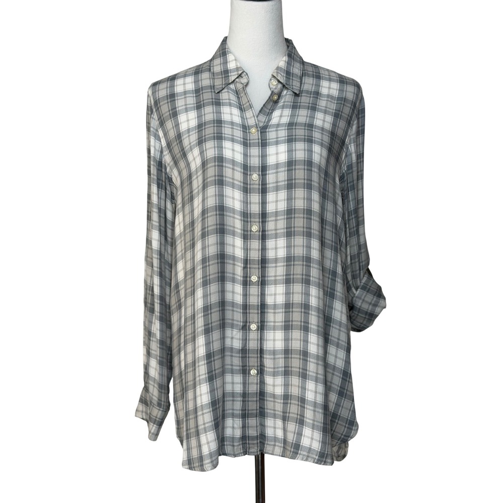 Lauren Ralph Lauren Womens Button Down Shirt M Grey Plaid Roll Tab Viscose